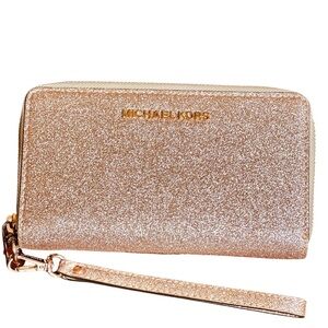 NWOT Michael Kors Rose Gold Glitter Zip-Around Wristlet